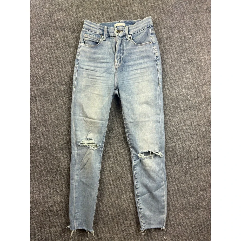 Good American Skinny Jeans Womens 2/26 Light Blue Distressed High Rise Raw Hem